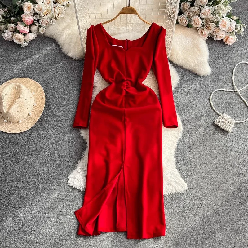 elegant long-sleeved square neck red dress elegant long skirt  S4251