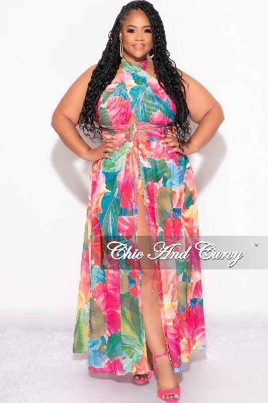 Final Sale Plus Size Faux Wrap Mesh Maxi Cover Up with Double Slits in Fuchsia Multi Color