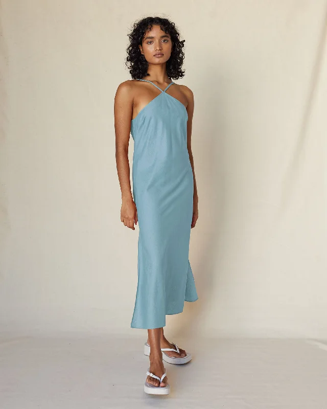 Krisha Linen Halter Midi Dress - Duckegg