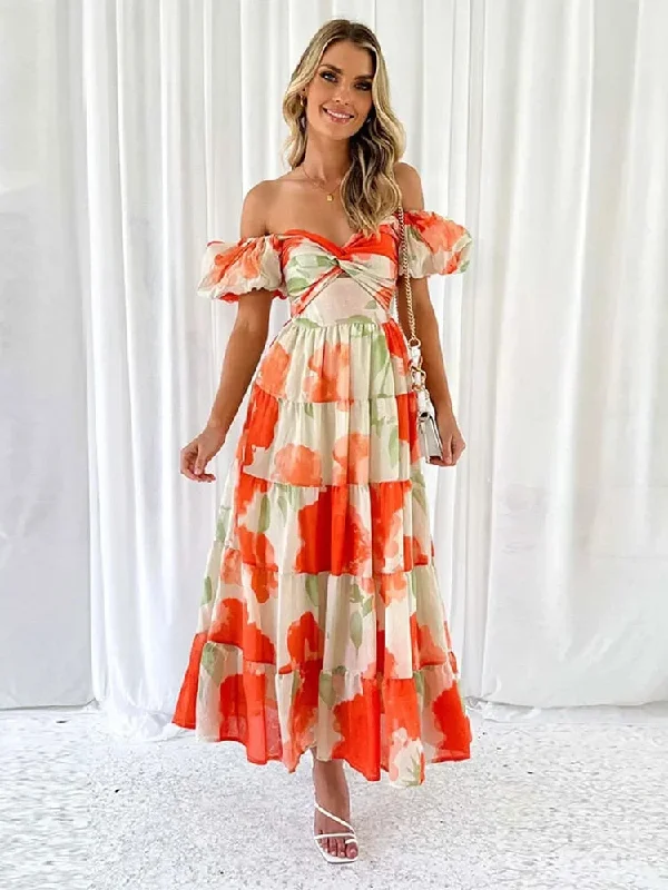 Puff Sleeve Off Shoulder Maxi Dresses