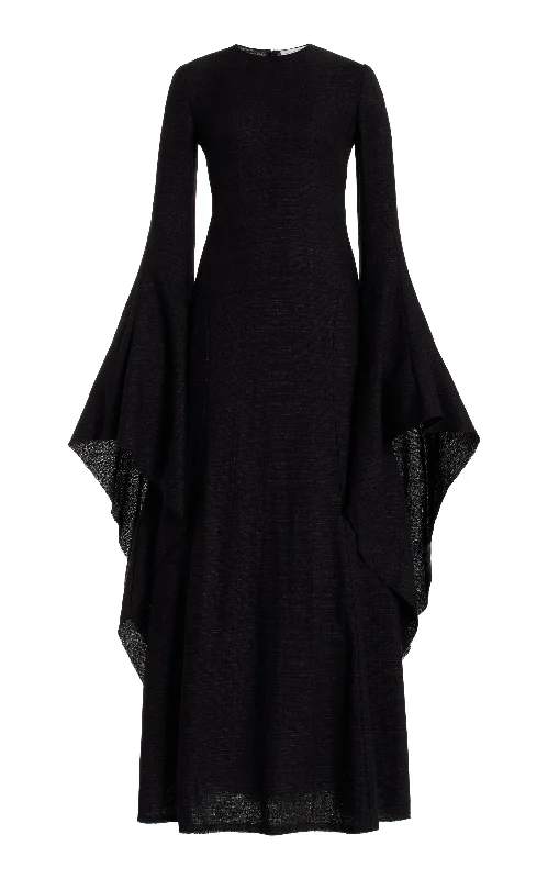 Sigrud Draped Dress in Black Wool Silk Gauze