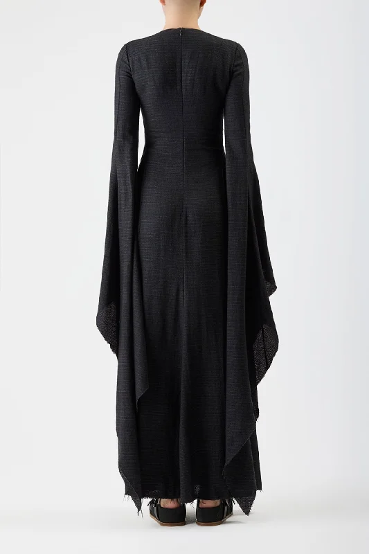 Sigrud Draped Dress in Black Wool Silk Gauze