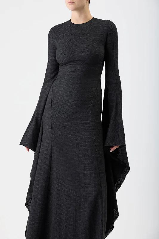 Sigrud Draped Dress in Black Wool Silk Gauze