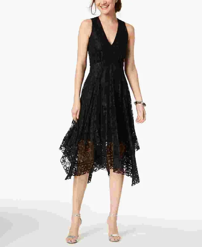 Taylor Women's Printed Lace Handkerchief-Hem Dress Black Size 6