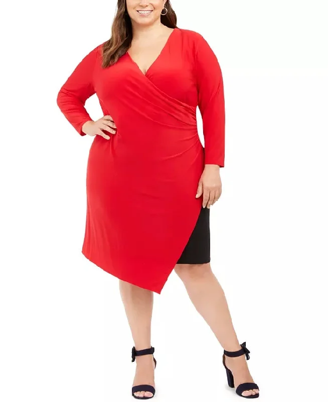 Tommy Hilfiger Women's Plus Size Faux-Wrap Asymmetric Sheath Dress Red Size 16W