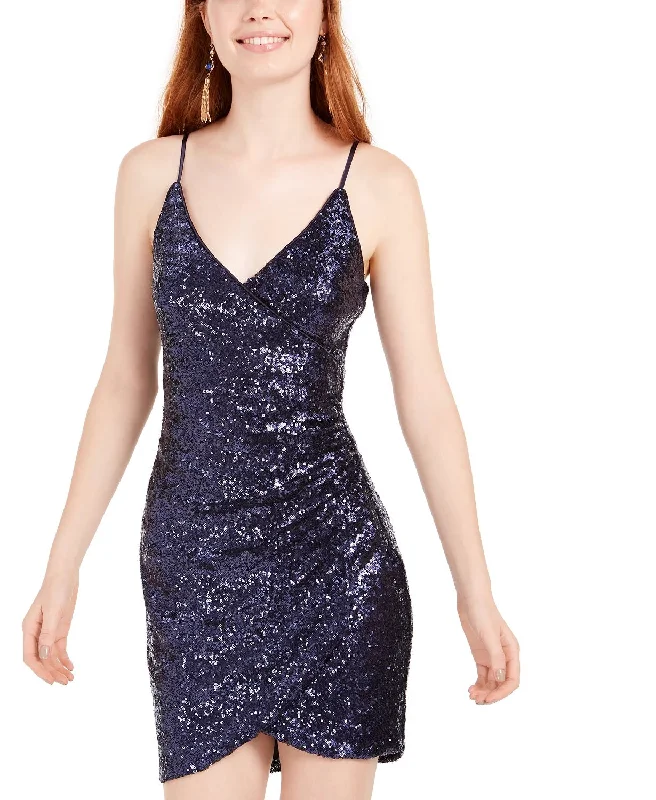 Trixxi Women's Sequined Zippered Spaghetti Strap V Neck Short Body Con Party Dress Blue Size 13