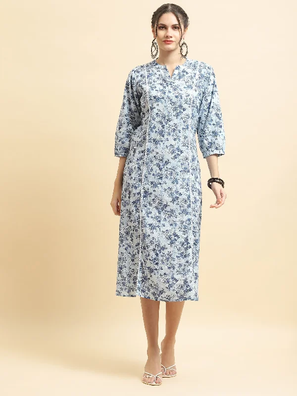 Women Cotton Blue Floral Print Dress