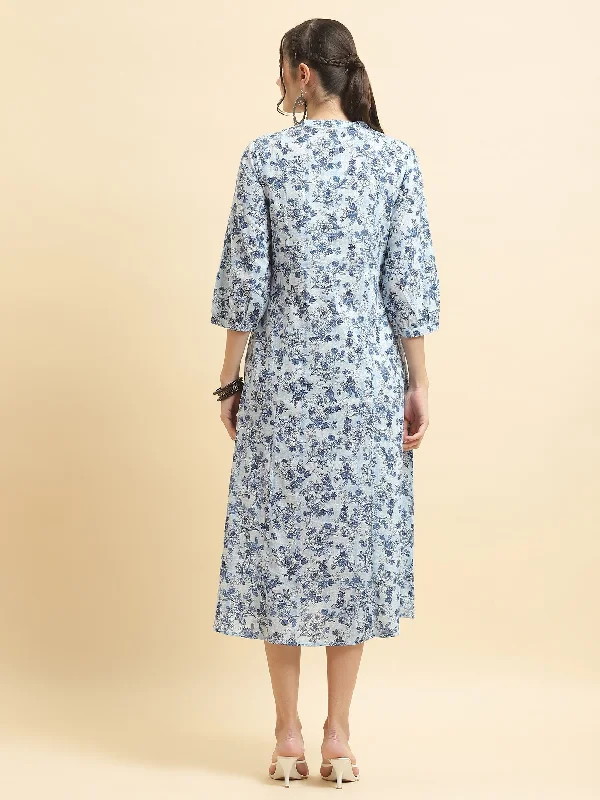 Women Cotton Blue Floral Print Dress