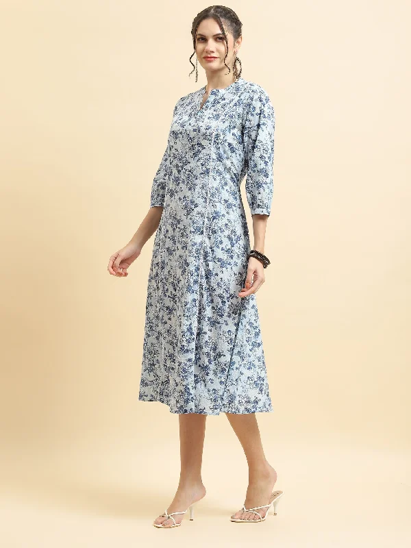 Women Cotton Blue Floral Print Dress