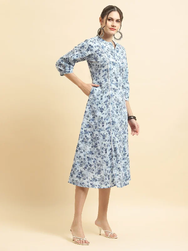 Women Cotton Blue Floral Print Dress