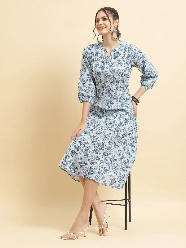 Women Cotton Blue Floral Print Dress