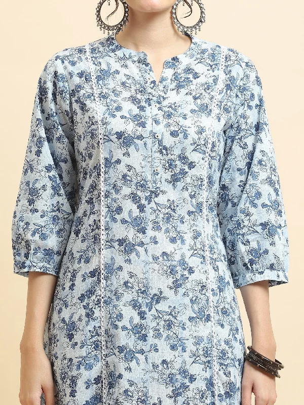 Women Cotton Blue Floral Print Dress